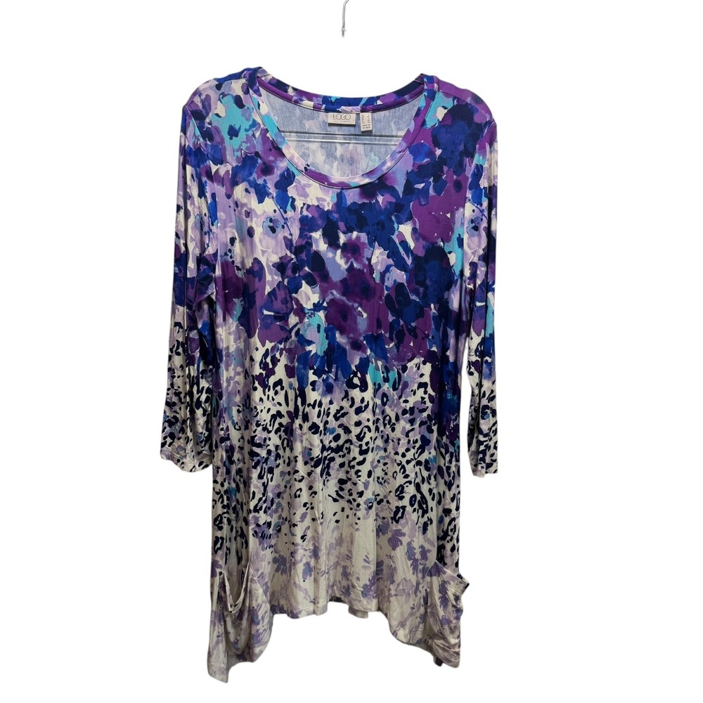 LOGO Lori Goldstein Rayon 230 Watercolor Animal Print Tunic 3/4 Sleeve Pockets L